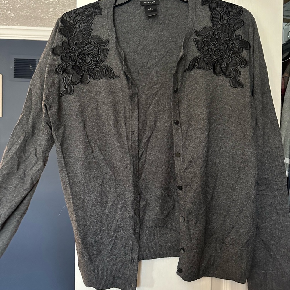Ann Taylor grey embroidered cardigan